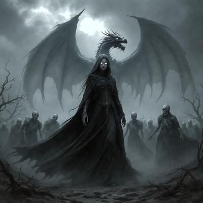 The primary subject of the image is a woman dressed in a long black gown, standing in the middle of a group of skeletons. The setting appears to be a dark, foggy forest, with a dragon in the background. The visual style is a combination of digital art and illustration, creating a moody and eerie atmosphere. The dominant colors are black, white, and shades of gray, with the skeletons being depicted in various shades of white.